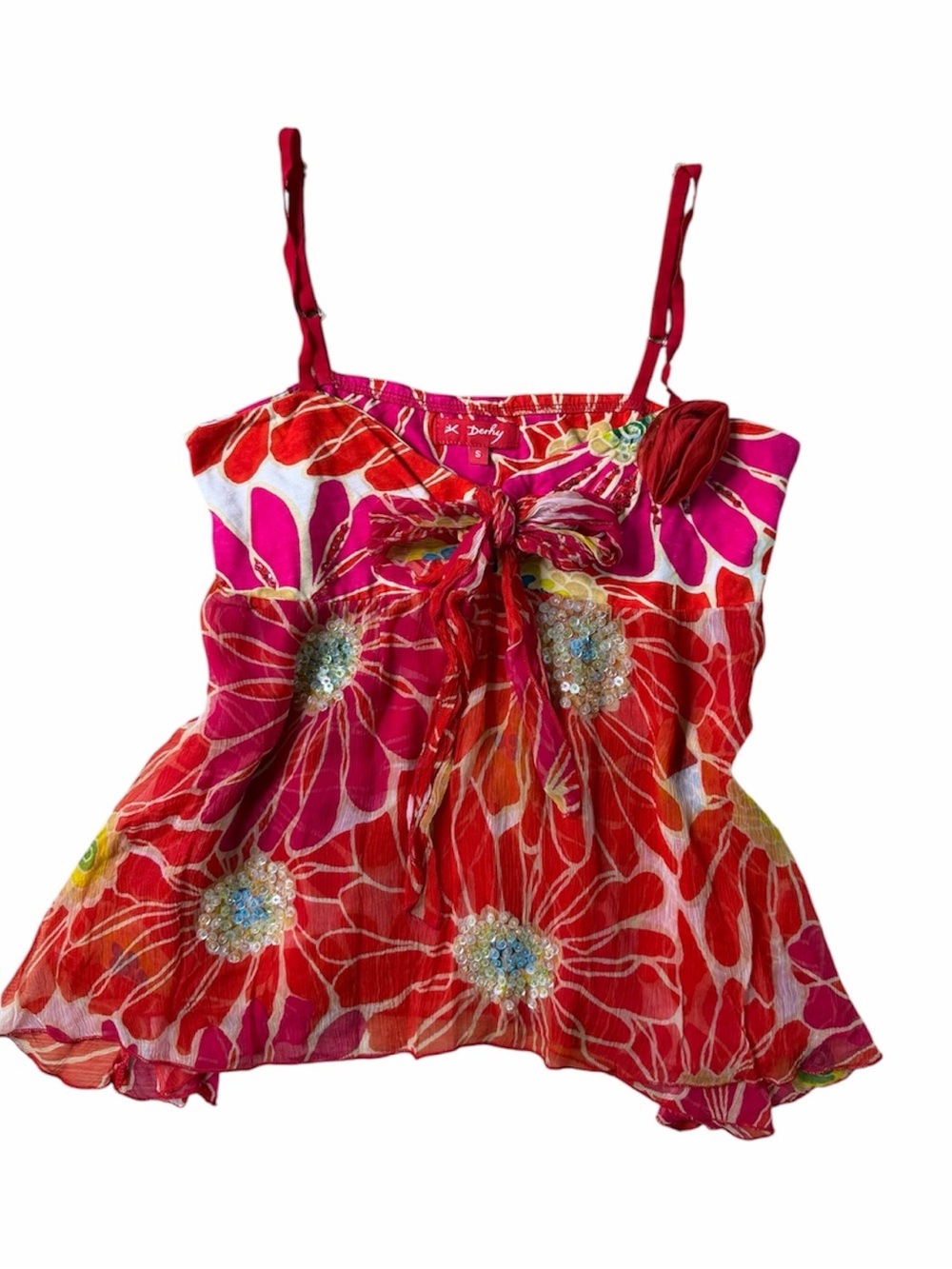 Vintage Rene Derhy Floral Sequin Babydoll Cami Top Size S Y2K
